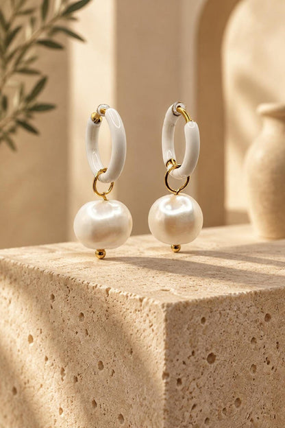 White Enamel Huggie Hoop Earrings with Freshwater Pearl Drops