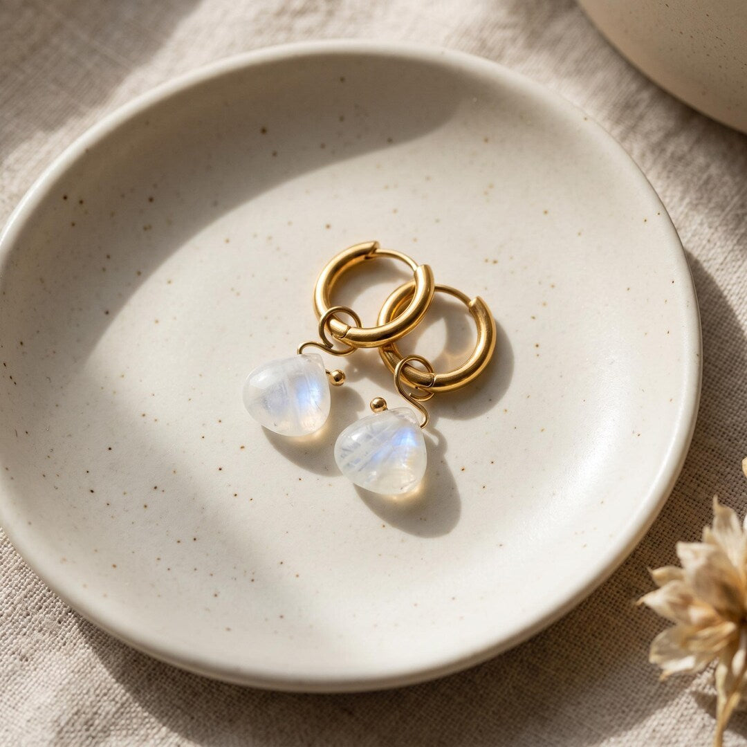 Moonstone Briolette Huggie Hoop Earrings in 18K Gold-Plated Steel