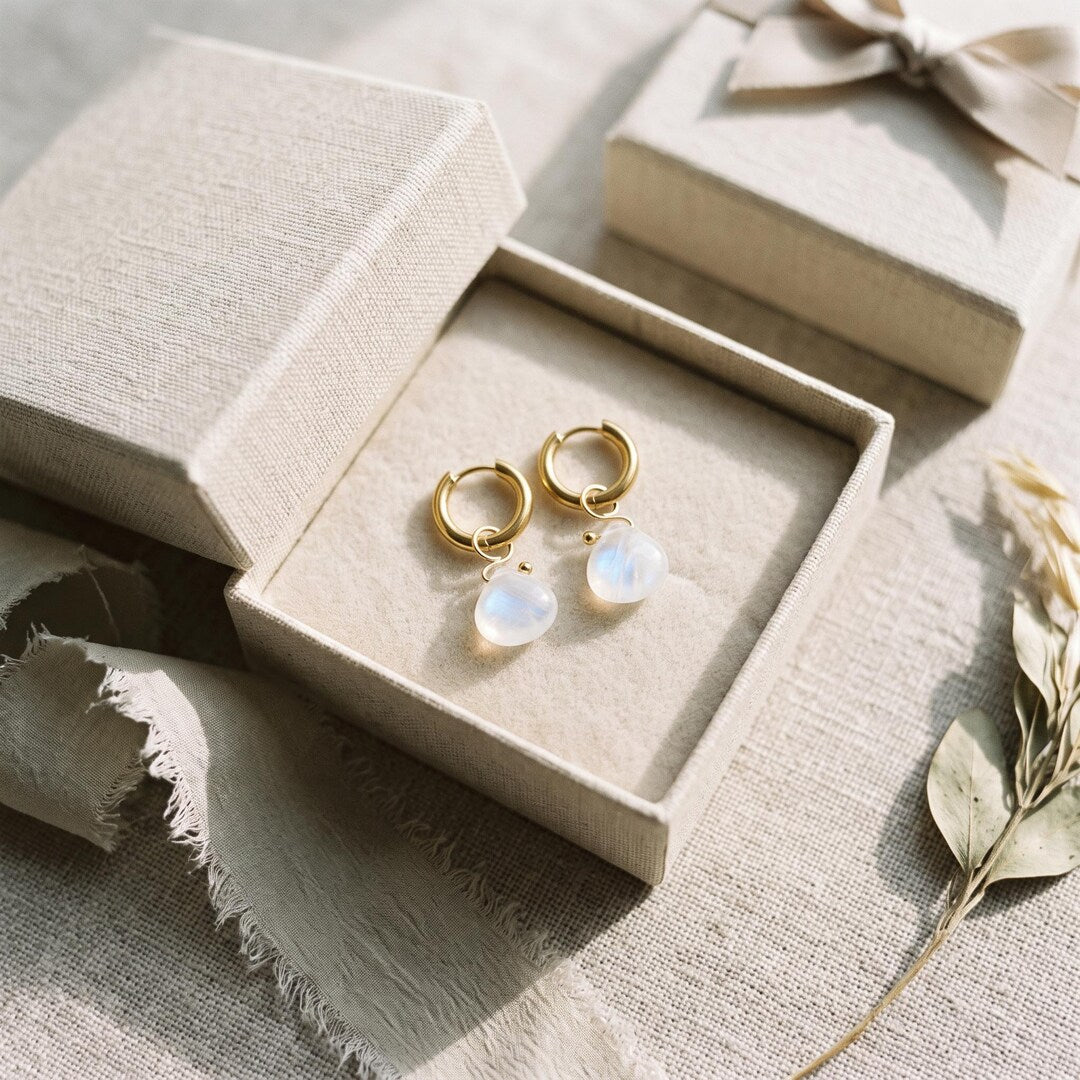 Moonstone Briolette Huggie Hoop Earrings in 18K Gold-Plated Steel