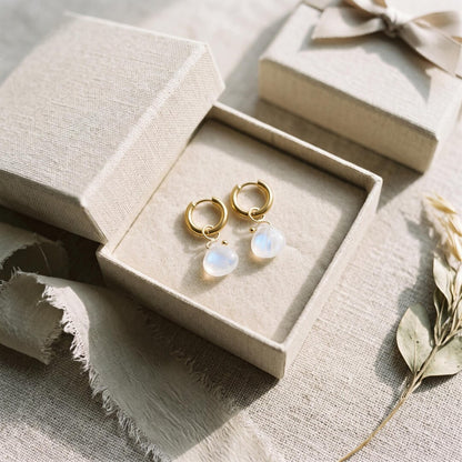 Moonstone Briolette Huggie Hoop Earrings in 18K Gold-Plated Steel