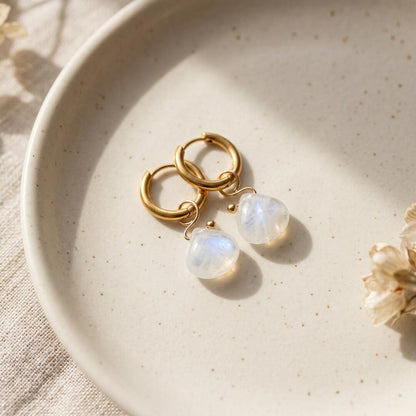 Moonstone Briolette Huggie Hoop Earrings in 18K Gold-Plated Steel