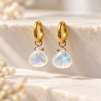 Moonstone Briolette Huggie Hoop Earrings in 18K Gold-Plated Steel