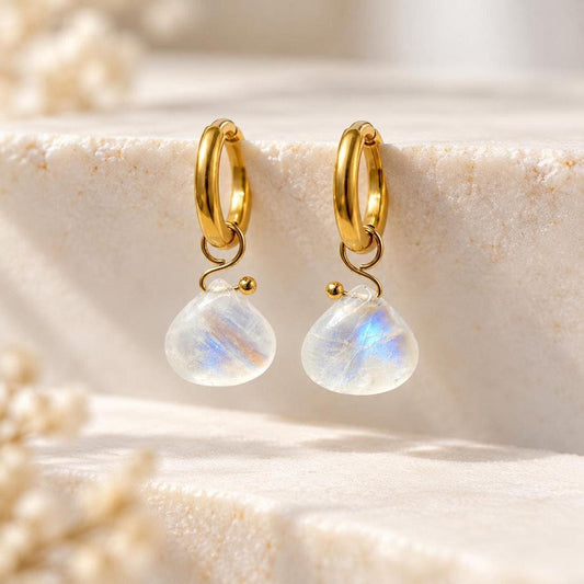 Moonstone Briolette Huggie Hoop Earrings in 18K Gold-Plated Steel
