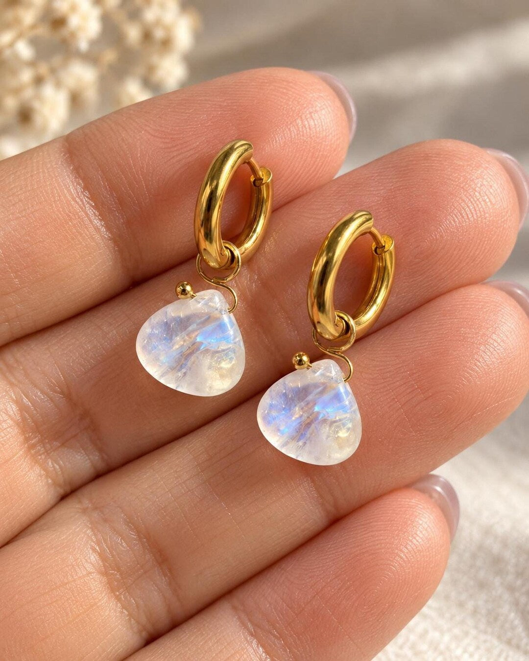 Moonstone Briolette Huggie Hoop Earrings in 18K Gold-Plated Steel