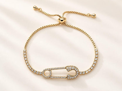 Safety Pin Bracelet with CZ Pavé, 14K Gold-Plated Adjustable Slider