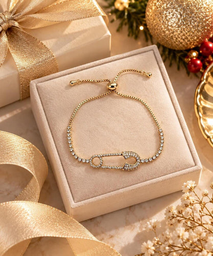 Safety Pin Bracelet with CZ Pavé, 14K Gold-Plated Adjustable Slider