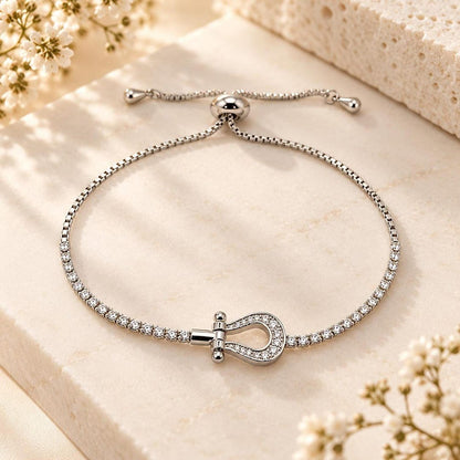 Horseshoe Bracelet with CZ Pavé, 14K White Gold-Plated Adjustable Slider