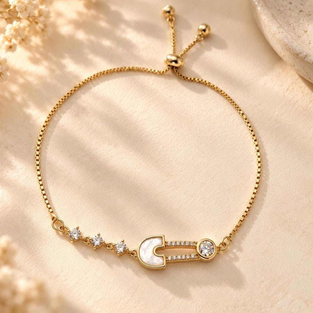 Safety Pin Bracelet with Pearl Inlay and CZ, 14K Gold-Plated Slider