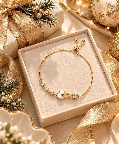 Safety Pin Bracelet with Pearl Inlay and CZ, 14K Gold-Plated Slider