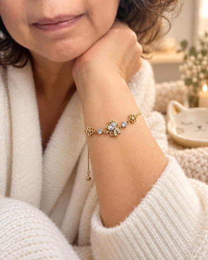 Cat Charm Bracelet with CZ Crystals, 14K Gold-Plated Adjustable Slider