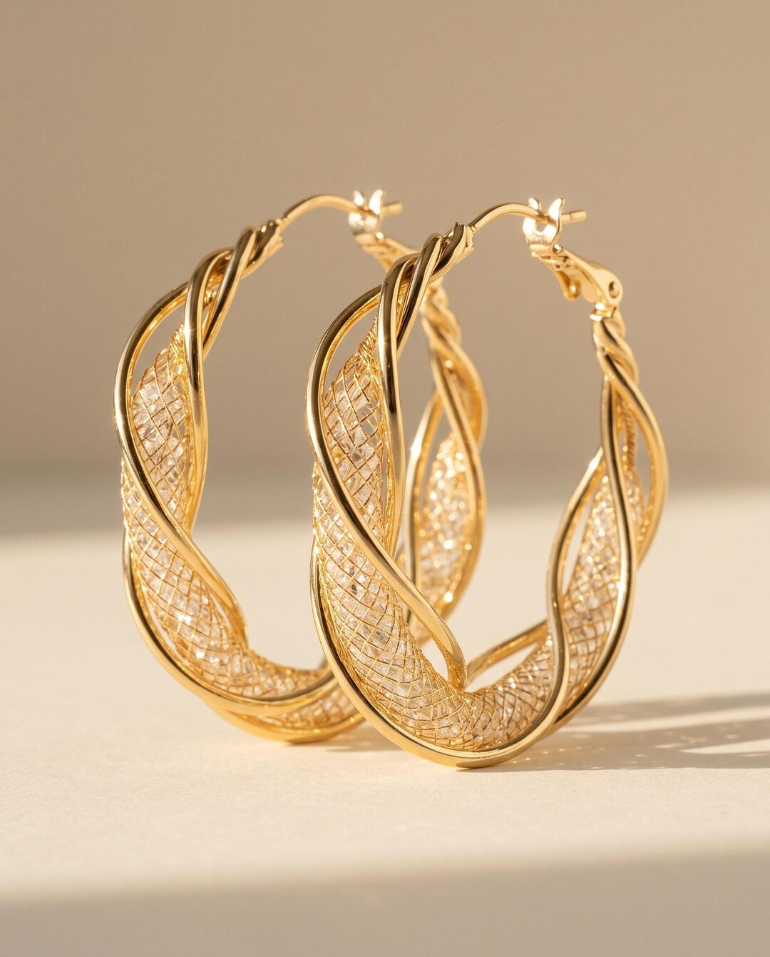 Gold-Plated Twisted Hoop Earrings with Crystal Bead Mesh Tube