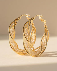 Gold-Plated Twisted Hoop Earrings with Crystal Bead Mesh Tube