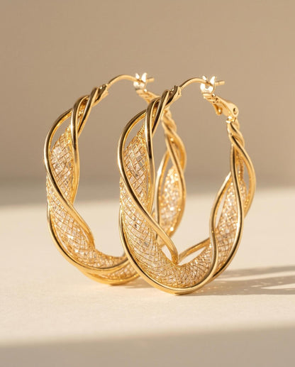 Gold-Plated Twisted Hoop Earrings with Crystal Bead Mesh Tube