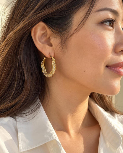 Gold-Plated Twisted Hoop Earrings with Crystal Bead Mesh Tube