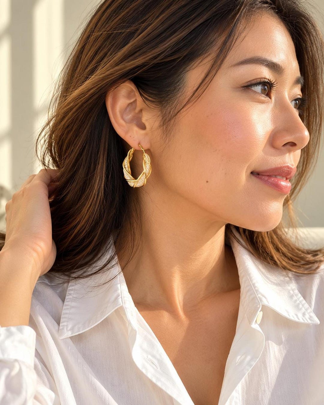 Gold-Plated Twisted Hoop Earrings with Crystal Bead Mesh Tube