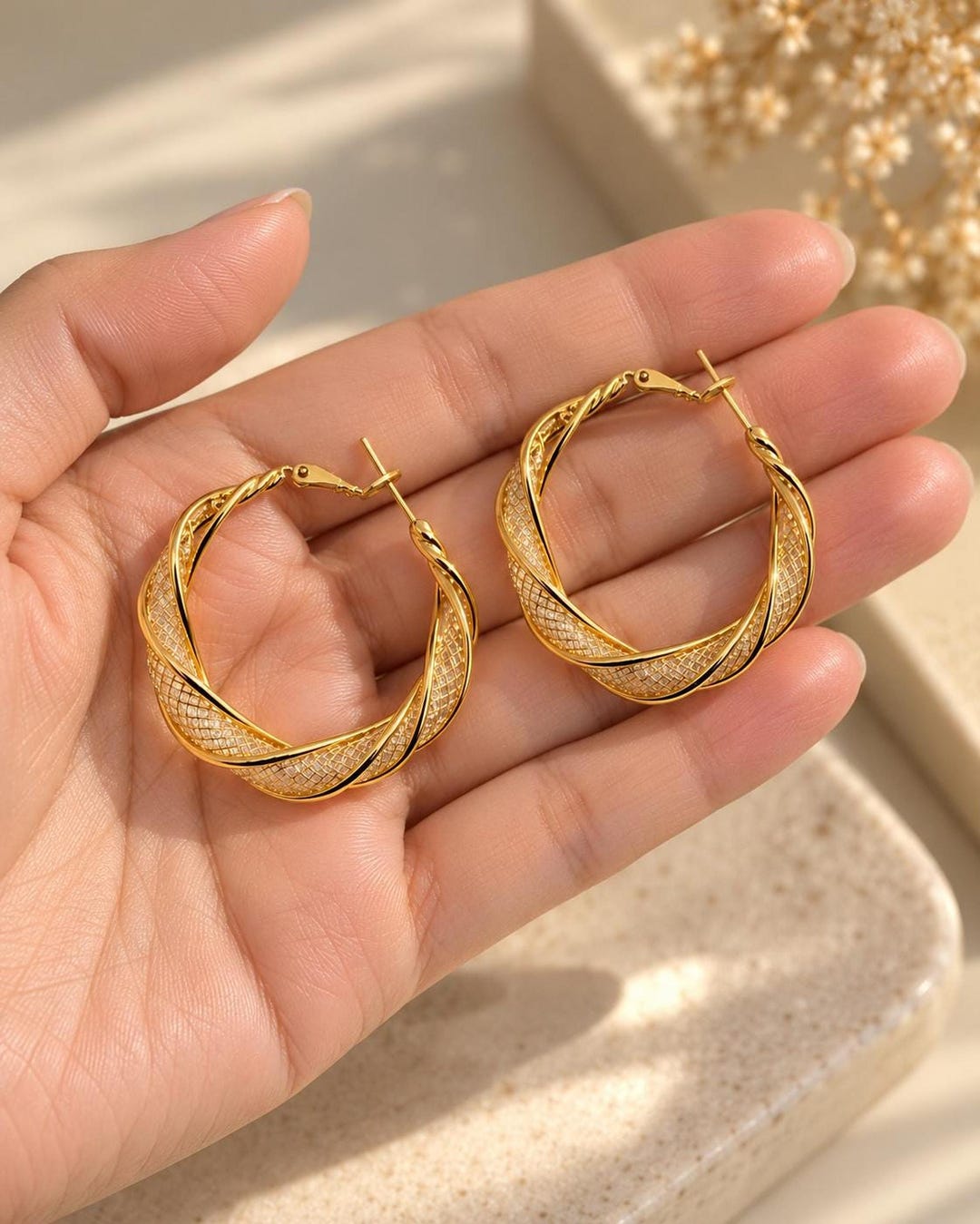 Gold-Plated Twisted Hoop Earrings with Crystal Bead Mesh Tube