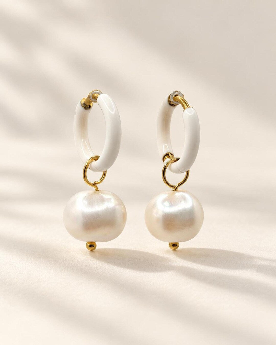 White Enamel Huggie Hoop Earrings with Freshwater Pearl Drops