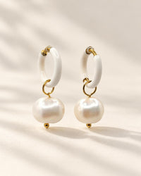 White Enamel Huggie Hoop Earrings with Freshwater Pearl Drops
