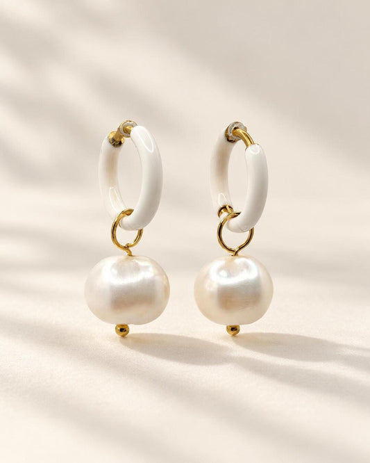 White Enamel Huggie Hoop Earrings with Freshwater Pearl Drops