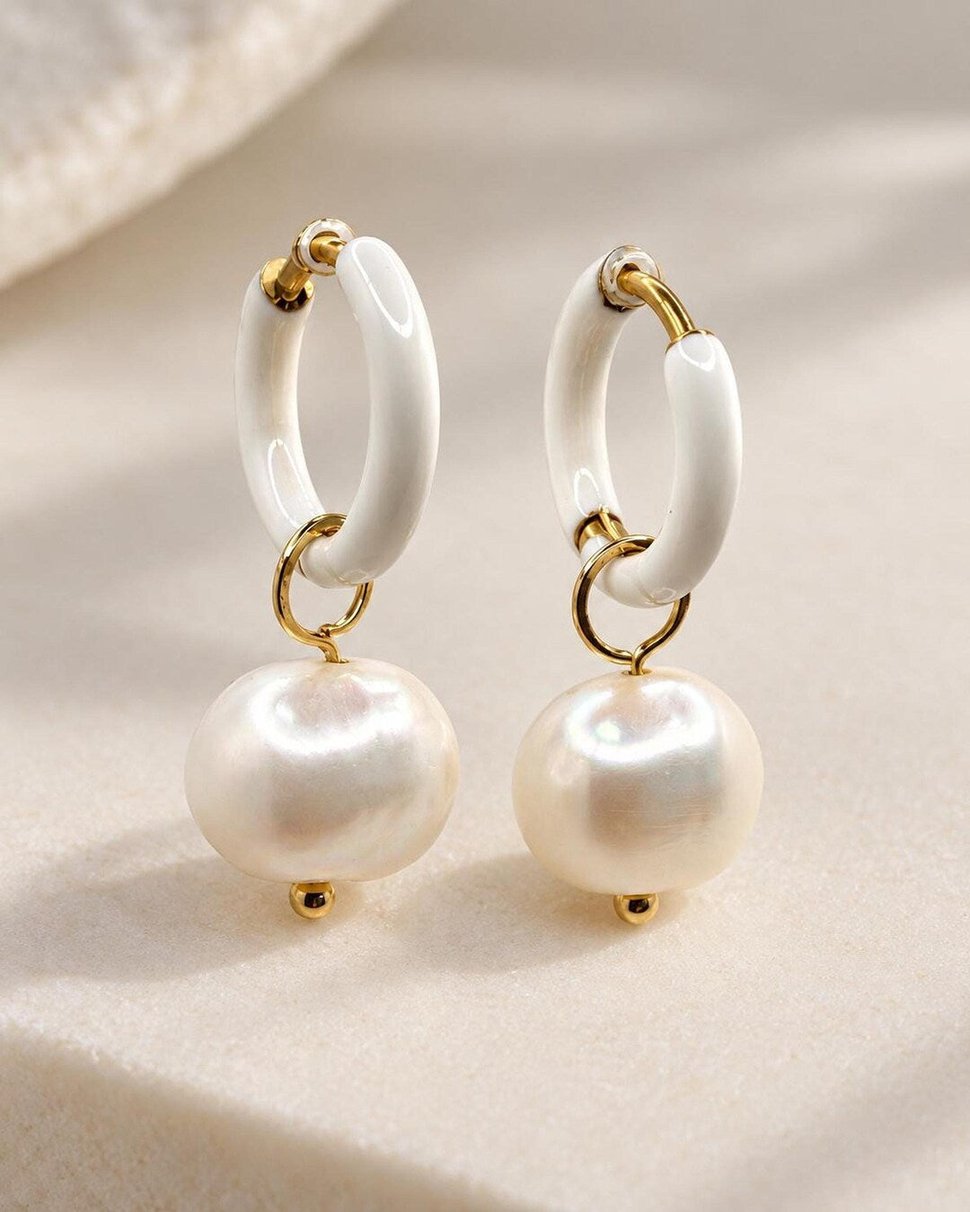 White Enamel Huggie Hoop Earrings with Freshwater Pearl Drops