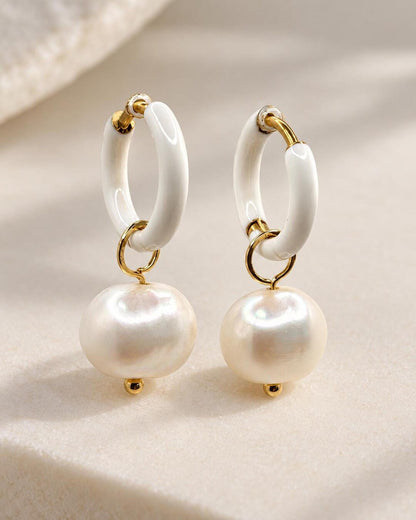 White Enamel Huggie Hoop Earrings with Freshwater Pearl Drops