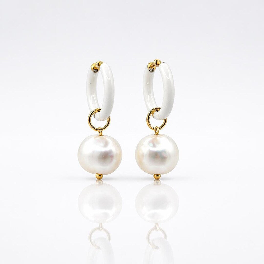 White Enamel Huggie Hoop Earrings with Freshwater Pearl Drops