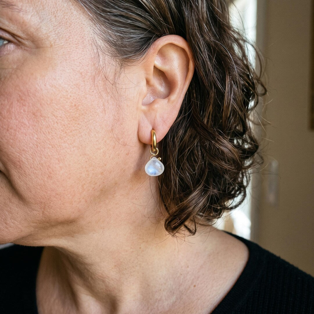 Moonstone Briolette Huggie Hoop Earrings in 18K Gold-Plated Steel