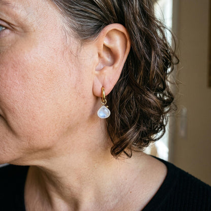 Moonstone Briolette Huggie Hoop Earrings in 18K Gold-Plated Steel