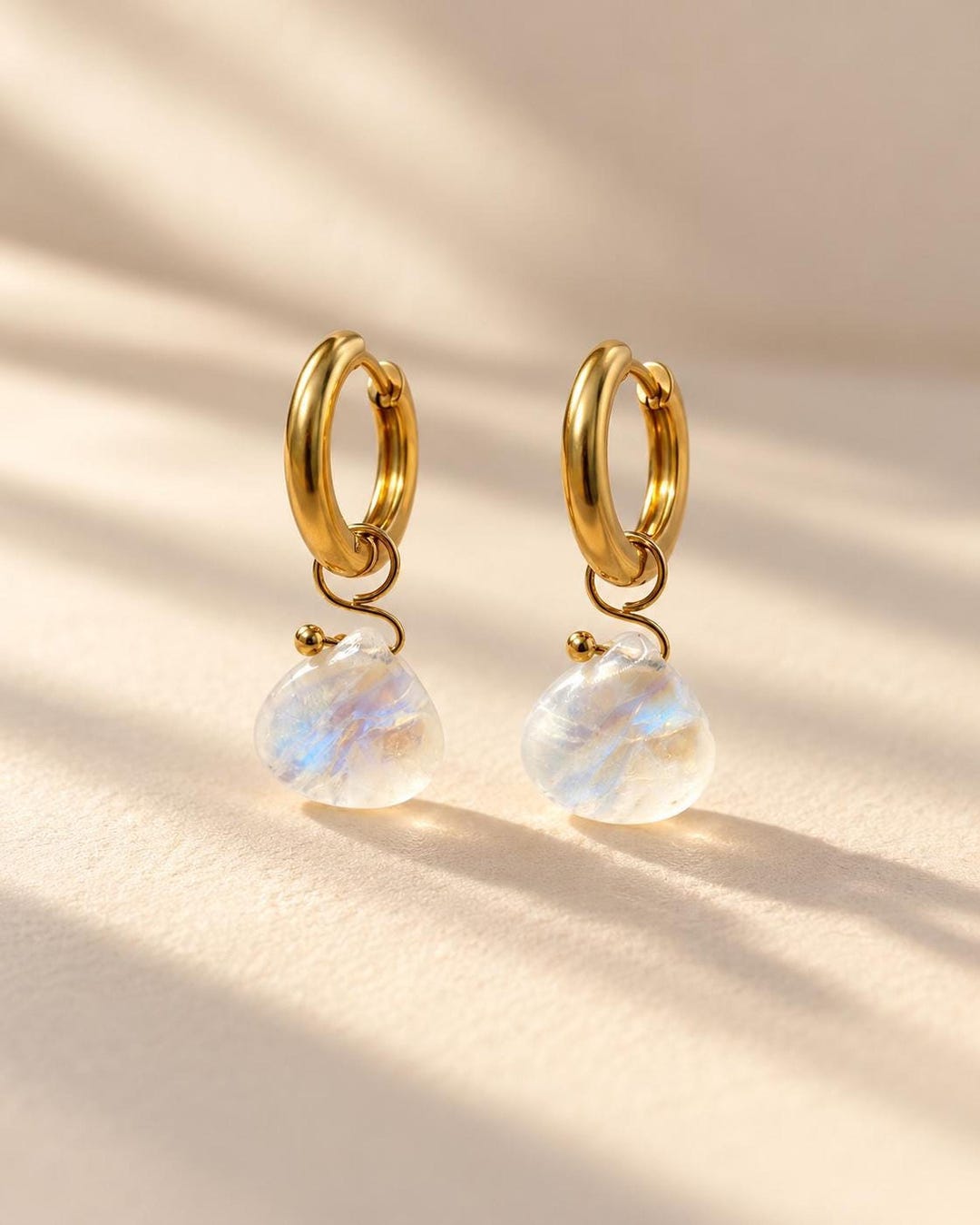 Moonstone Briolette Huggie Hoop Earrings in 18K Gold-Plated Steel