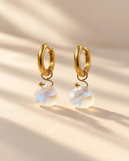 Moonstone Briolette Huggie Hoop Earrings in 18K Gold-Plated Steel