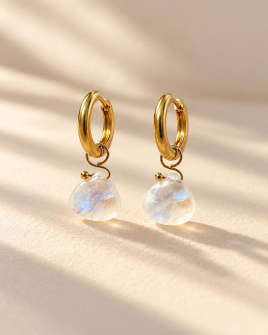 Moonstone Briolette Huggie Hoop Earrings in 18K Gold-Plated Steel