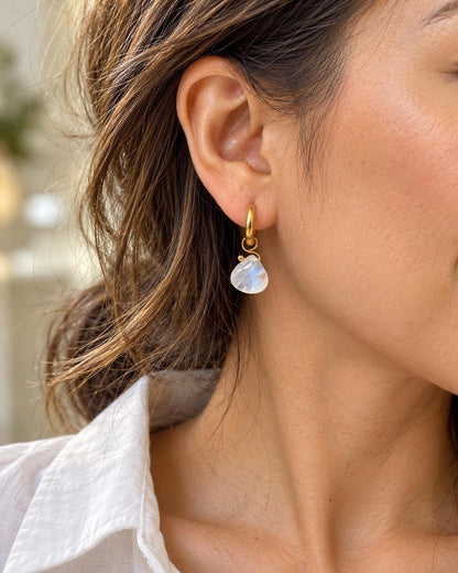 Moonstone Briolette Huggie Hoop Earrings in 18K Gold-Plated Steel