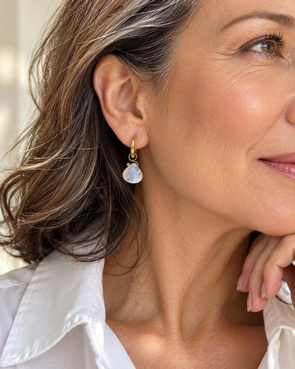 Moonstone Briolette Huggie Hoop Earrings in 18K Gold-Plated Steel