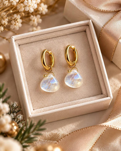 Moonstone Briolette Huggie Hoop Earrings in 18K Gold-Plated Steel