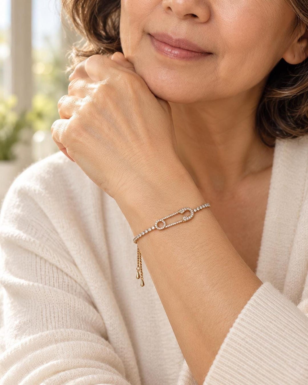 Safety Pin Bracelet with CZ Pavé, 14K Gold-Plated Adjustable Slider