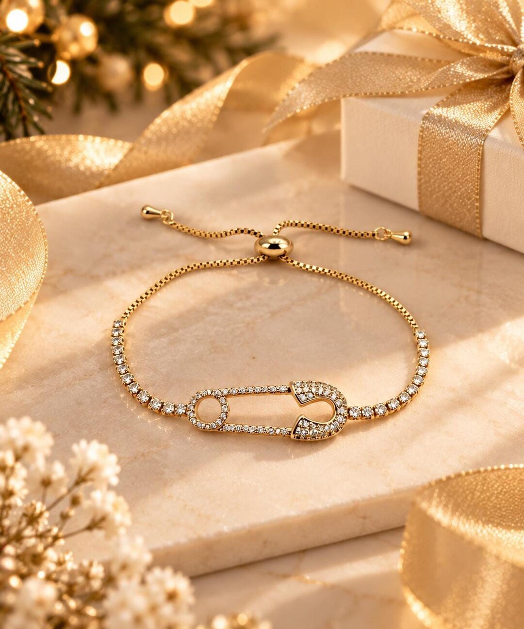 Safety Pin Bracelet with CZ Pavé, 14K Gold-Plated Adjustable Slider