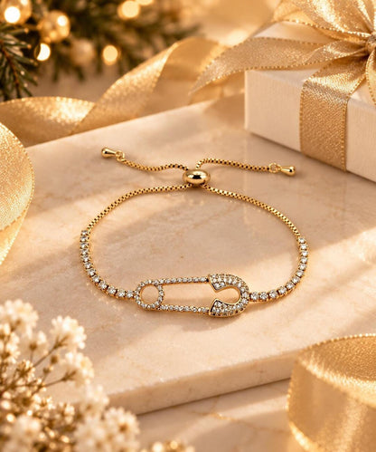 Safety Pin Bracelet with CZ Pavé, 14K Gold-Plated Adjustable Slider