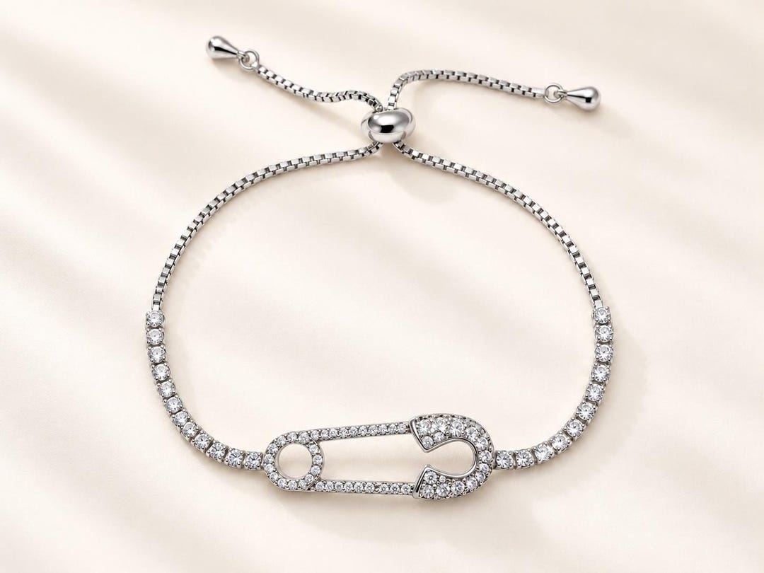Safety Pin Bracelet with CZ Pavé, 14K Gold-Plated Adjustable Slider