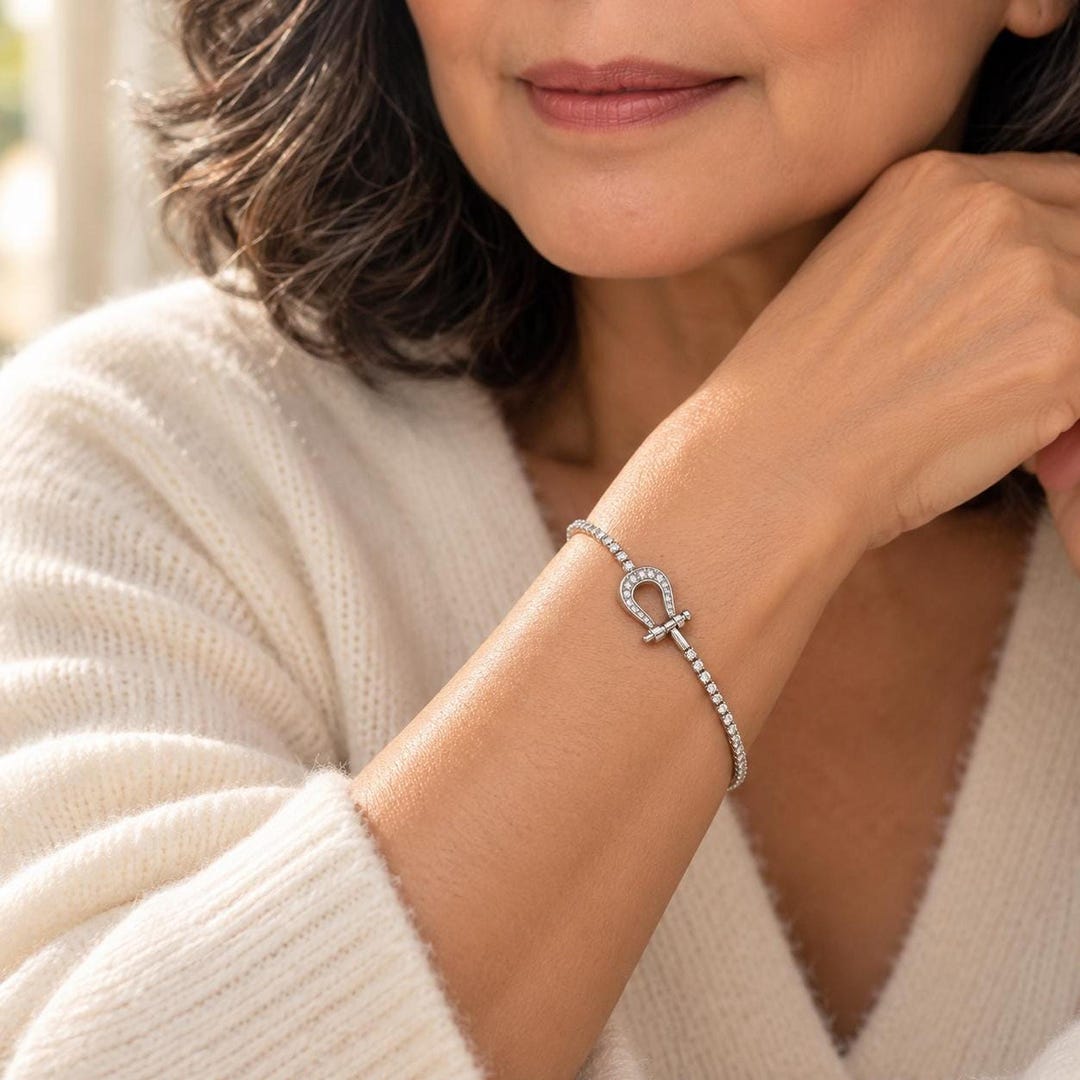 Horseshoe Bracelet with CZ Pavé, 14K White Gold-Plated Adjustable Slider