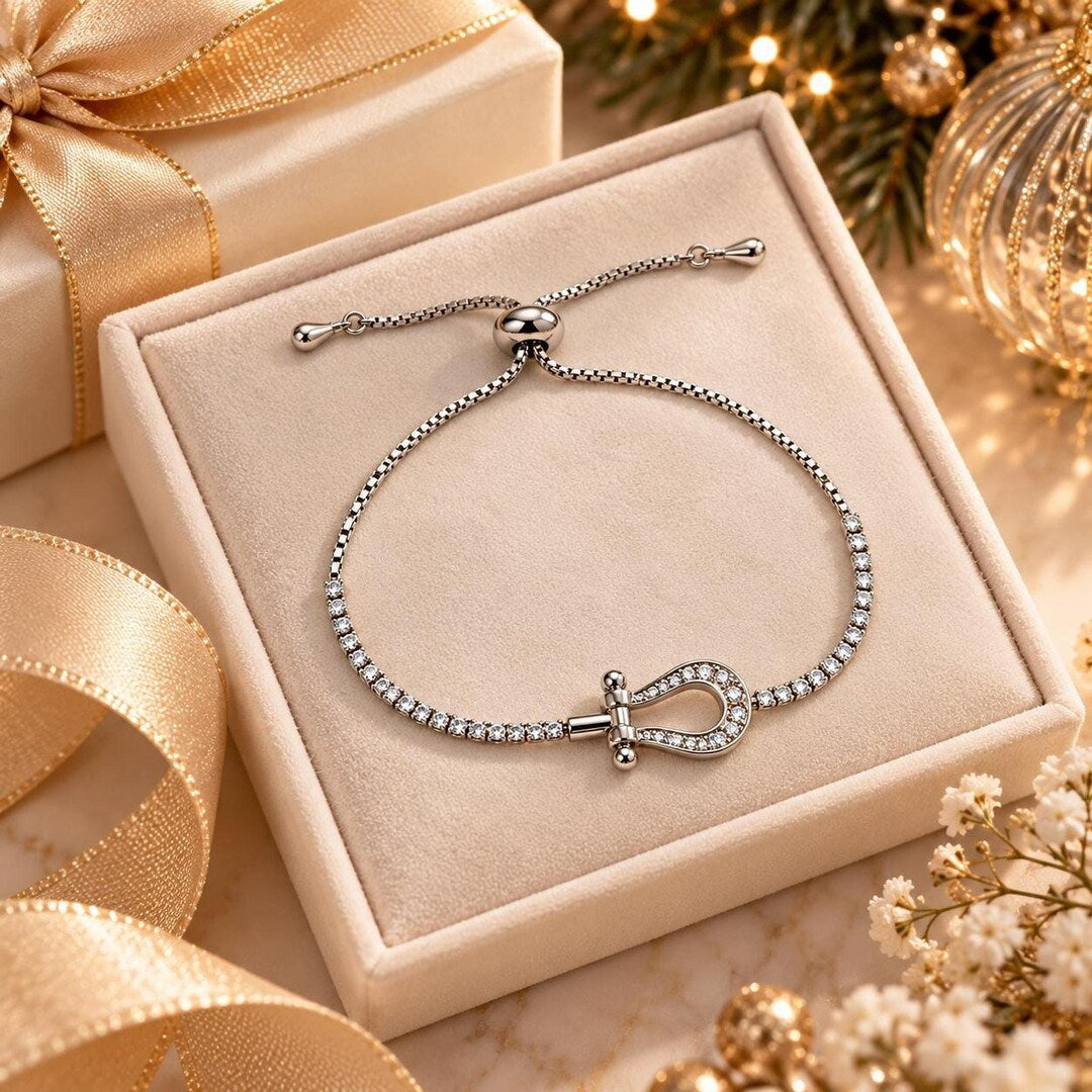 Horseshoe Bracelet with CZ Pavé, 14K White Gold-Plated Adjustable Slider