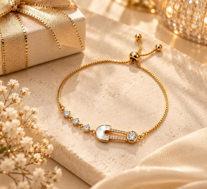 Safety Pin Bracelet with Pearl Inlay and CZ, 14K Gold-Plated Slider