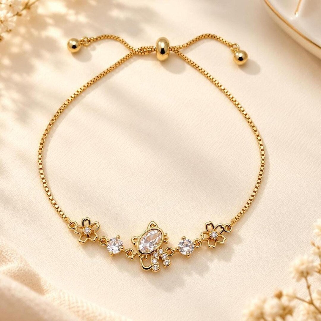 Cat Charm Bracelet with CZ Crystals, 14K Gold-Plated Adjustable Slider