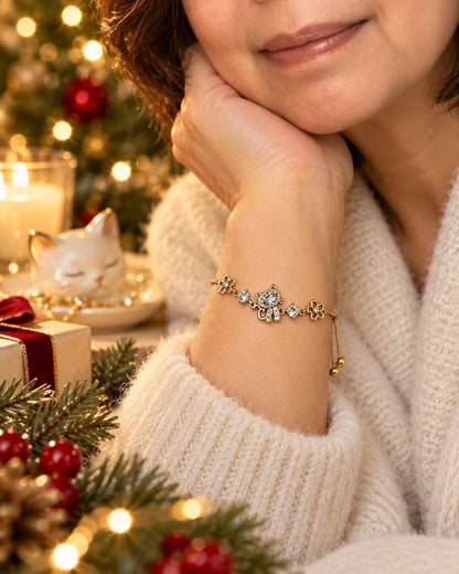 Cat Charm Bracelet with CZ Crystals, 14K Gold-Plated Adjustable Slider
