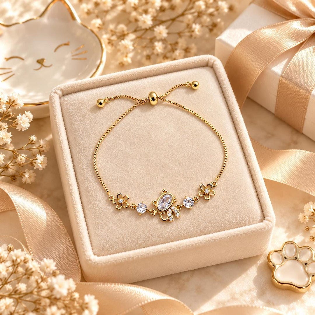 Cat Charm Bracelet with CZ Crystals, 14K Gold-Plated Adjustable Slider