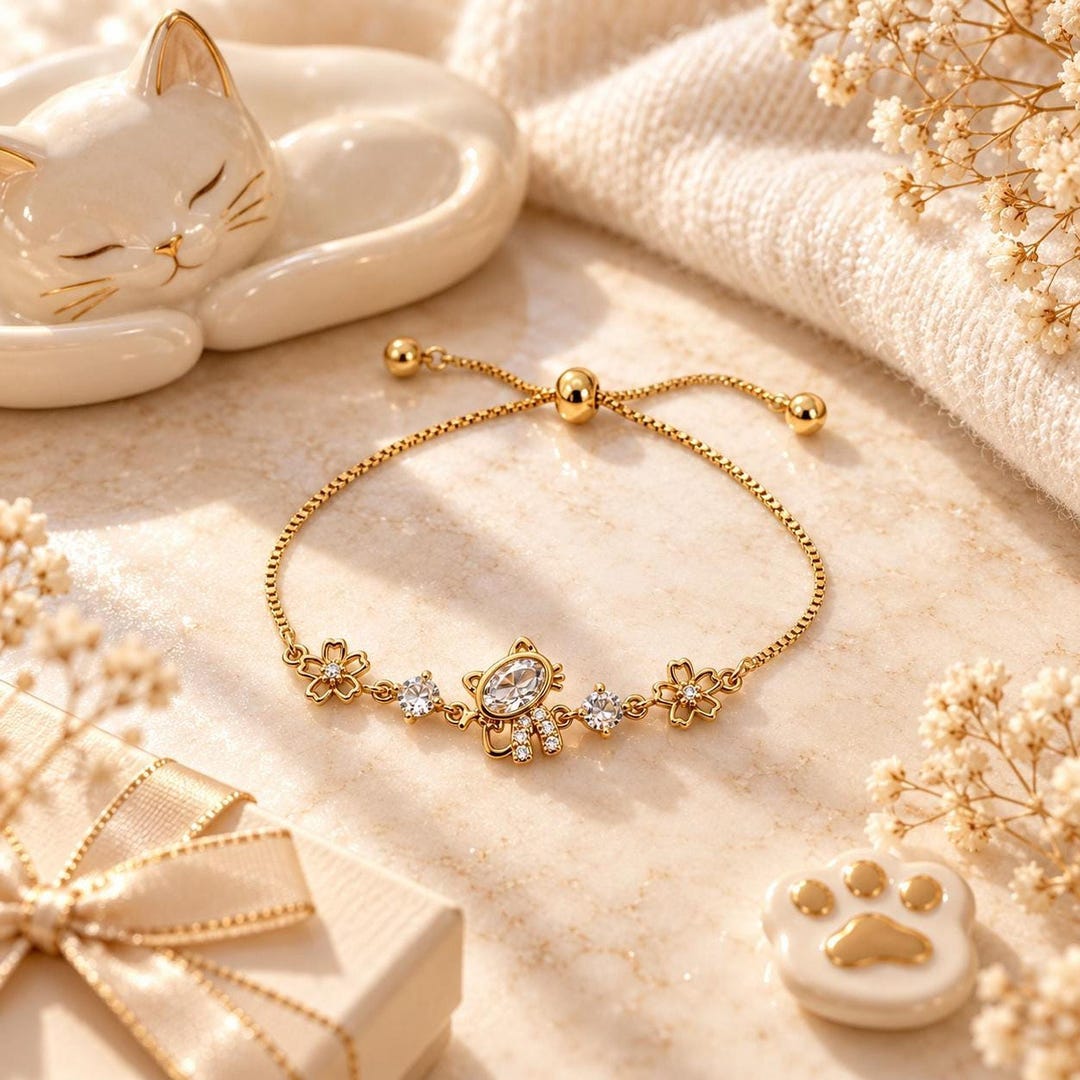 Cat Charm Bracelet with CZ Crystals, 14K Gold-Plated Adjustable Slider