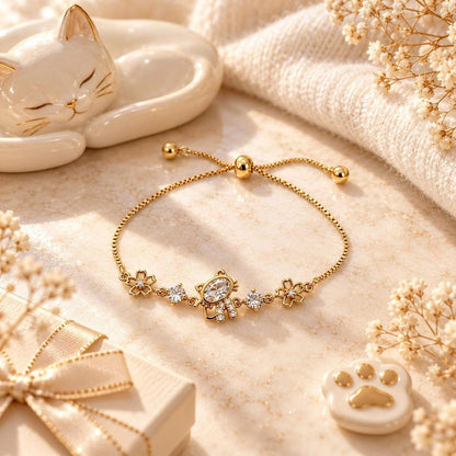 Cat Charm Bracelet with CZ Crystals, 14K Gold-Plated Adjustable Slider