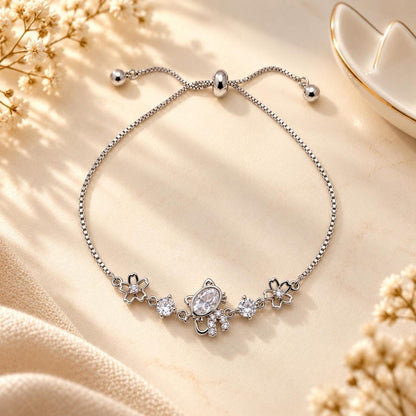 Cat Charm Bracelet with CZ Crystals, 14K Gold-Plated Adjustable Slider
