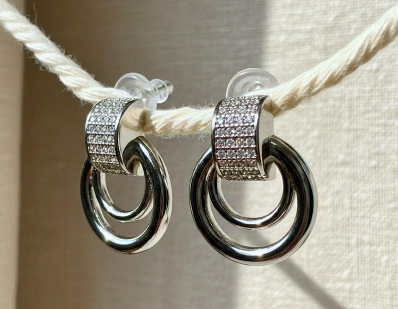 Silver Crystal Pavé Double Circle Earrings - side view
