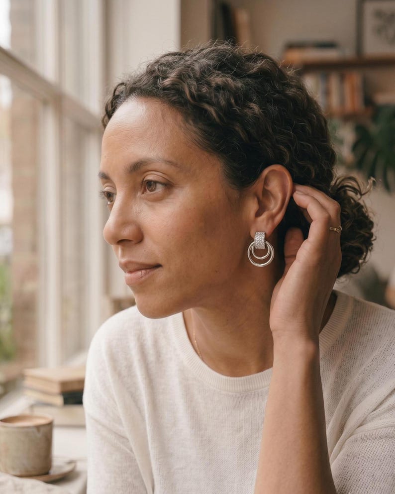 Silver Crystal Pavé Double Circle Earrings - detail