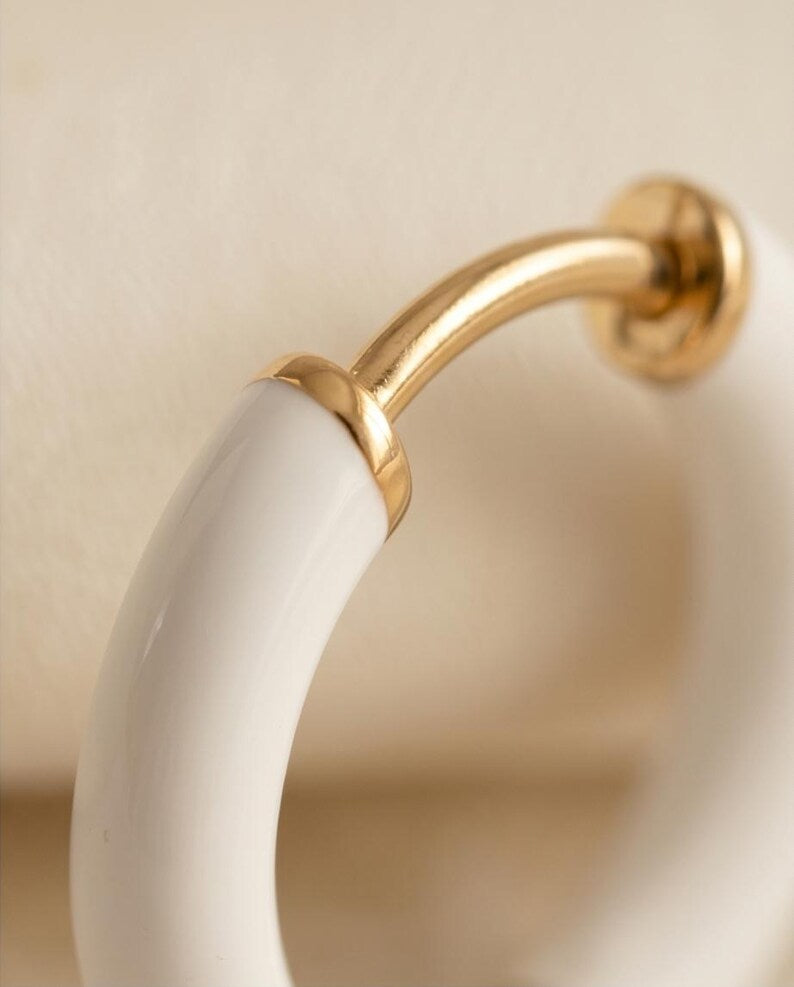 Waterproof white enamel gold hoop earrings